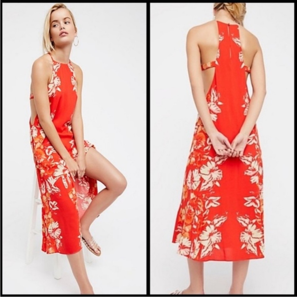 Free People Coral Back To You Floral Midi Dress